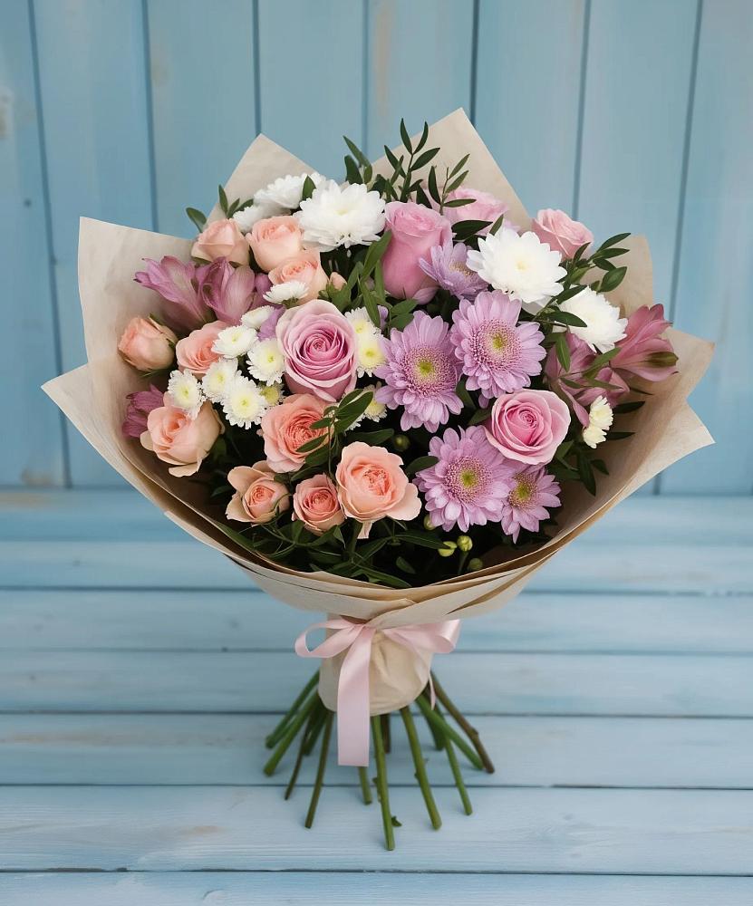 Букет цветов из: Хризантемы, Розы и Альстромерии в Солнечнодольске