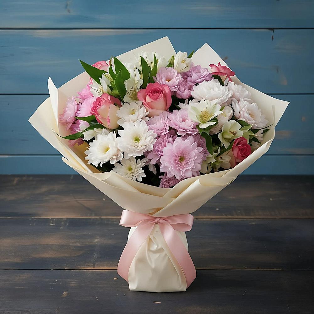 Букет цветов из: Хризантемы, Альстромерии и Розы в Солнечнодольске